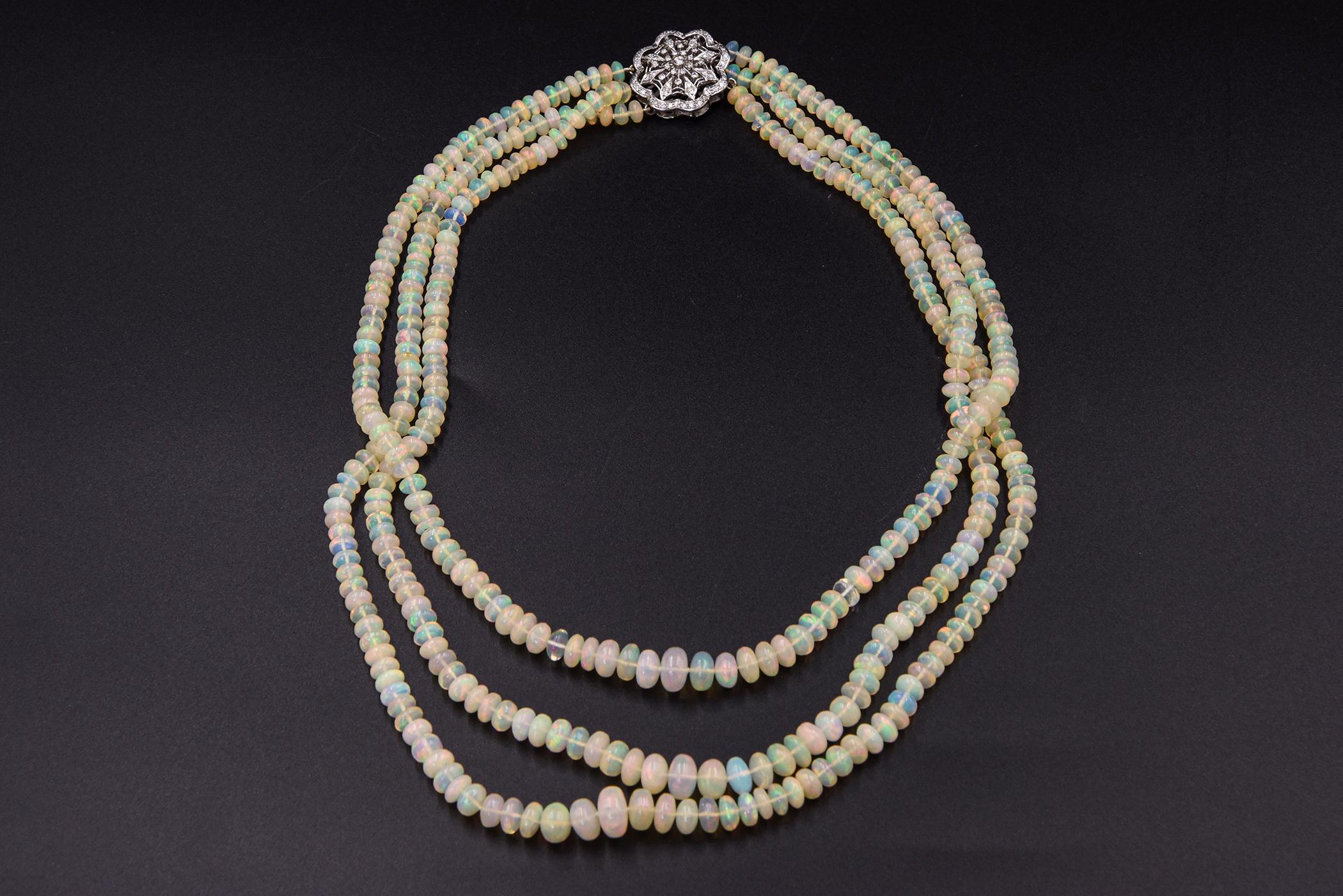 Opal Bead Graduated Triple Strand Necklace with Diamond White Gold Clasp In Excellent Condition For Sale In Miami Beach, FL