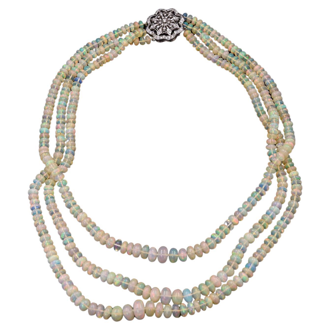 Opal Bead Graduated Triple Strand Necklace with Diamond White Gold Clasp For Sale
