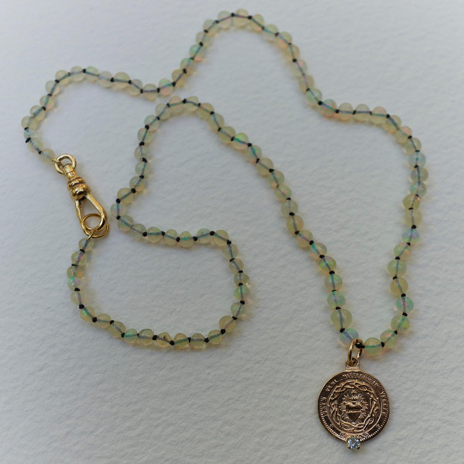 Brilliant Cut Opal Bead Necklace Medal Silver Aquamarine Choker J Dauphin For Sale
