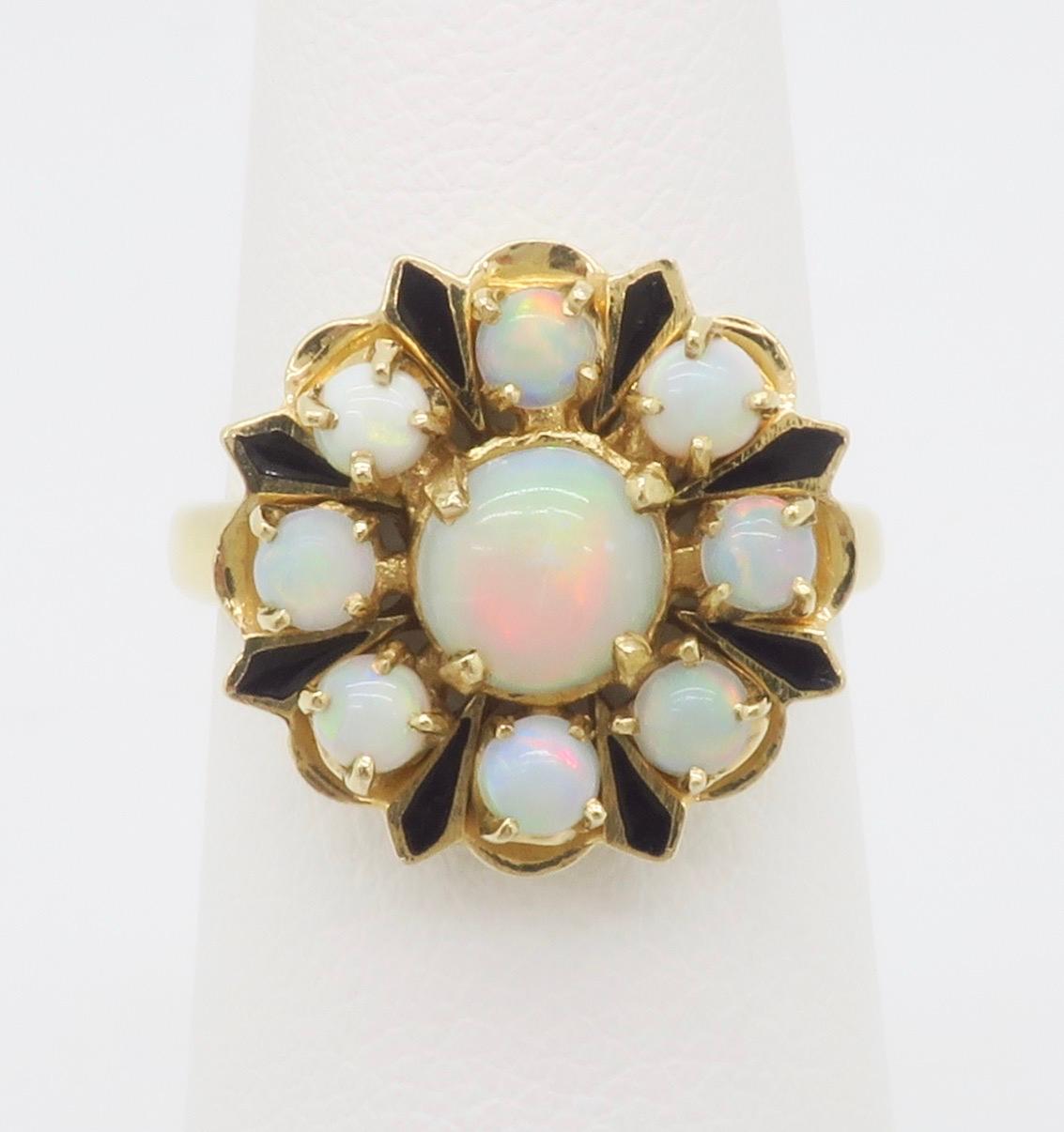 Round Cut Opal & Black Enamel Vintage Ring For Sale