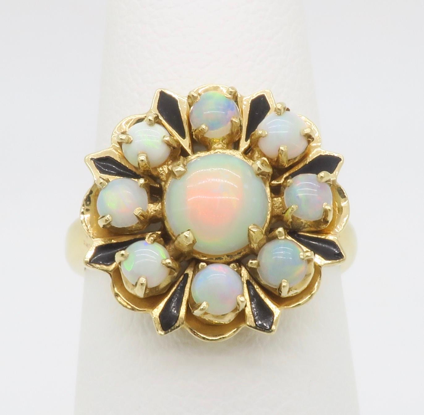 Opal & Black Enamel Vintage Ring In Excellent Condition For Sale In Webster, NY