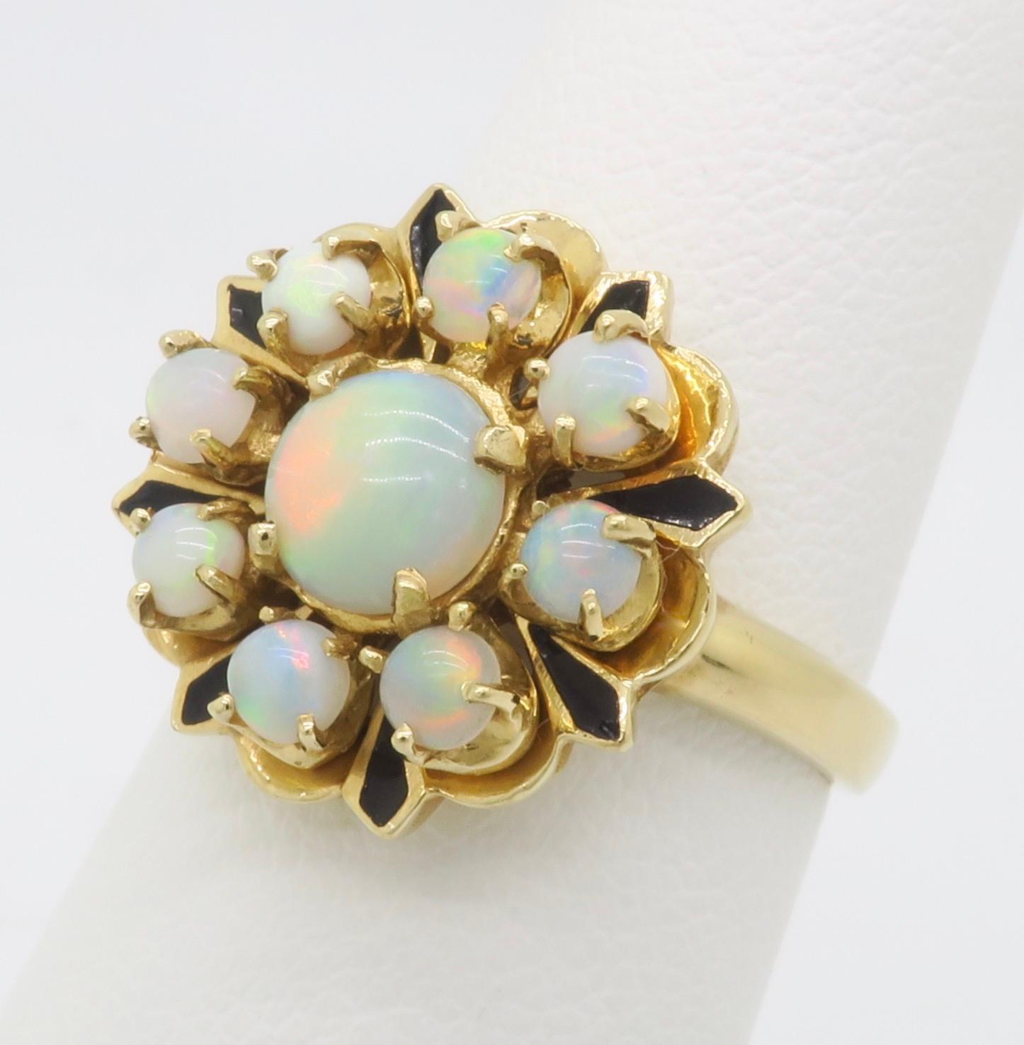 Women's Opal & Black Enamel Vintage Ring For Sale