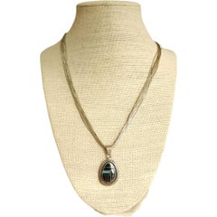 Opal Black Onyx Sterling Silver Inlay Pendant Necklace, 1990s