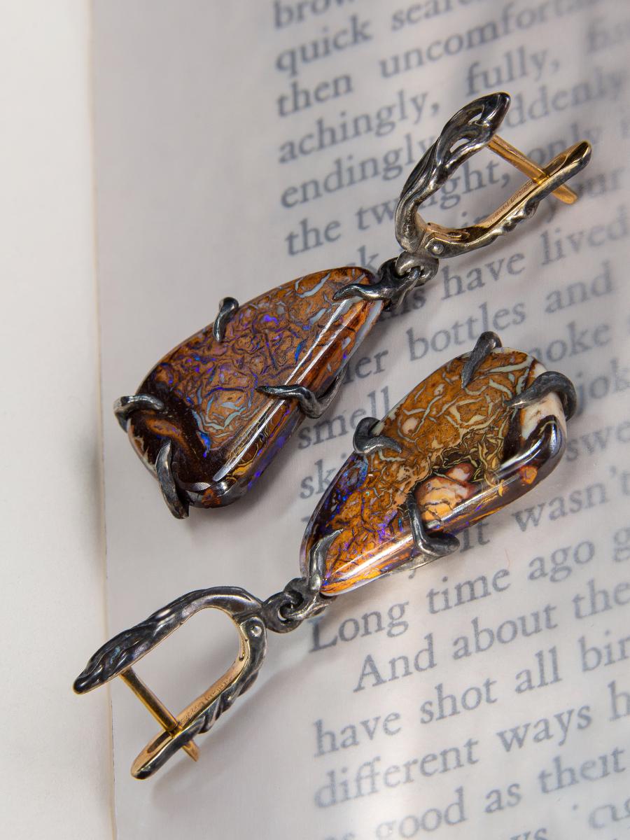 Boucles d'oreilles pendantes en argent et opale noire, grande pierre précieuse de style gothique LOTR en vente 4