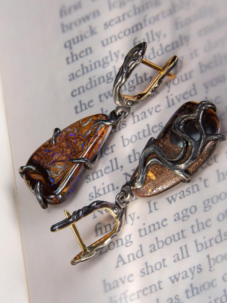 Boucles d'oreilles pendantes en argent et opale noire, grande pierre précieuse de style gothique LOTR en vente 5