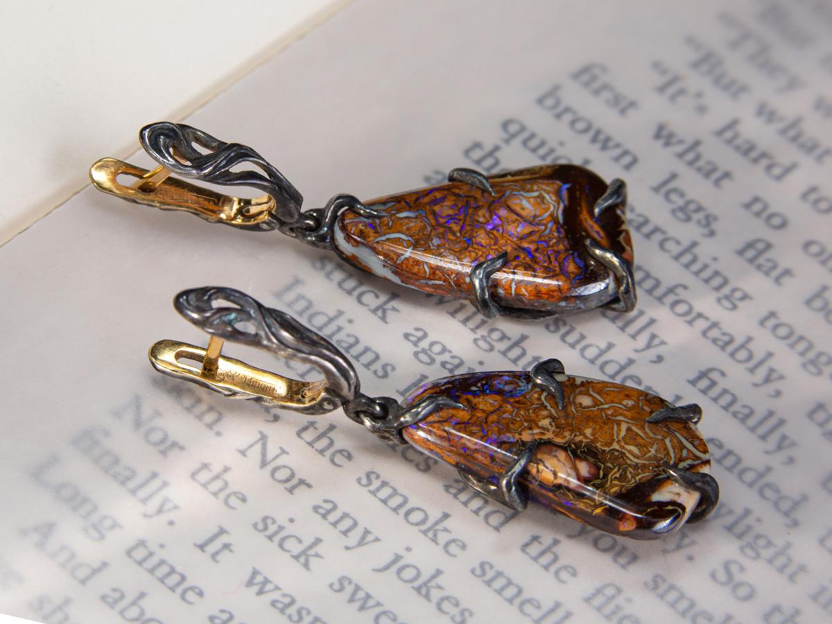 Opale Nero Orecchini in Argento Dangle Grande Gemma LOTR Matrimonio in stile Gotico in vendita 1