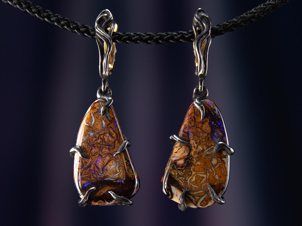 Opale Nero Orecchini in Argento Dangle Grande Gemma LOTR Matrimonio in stile Gotico in vendita 2