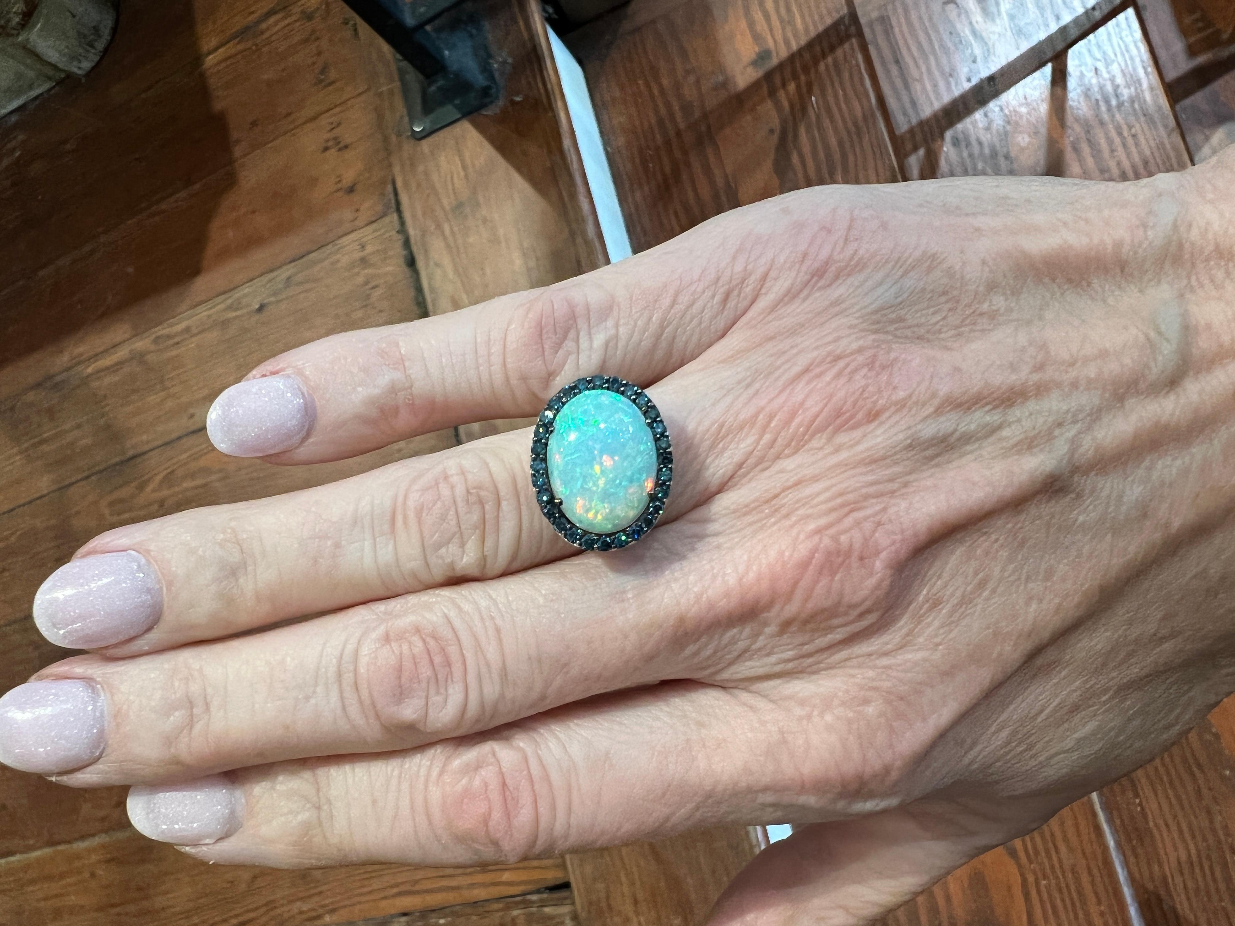 Contemporary Opal, Blue Diamond and White Diamond Ring