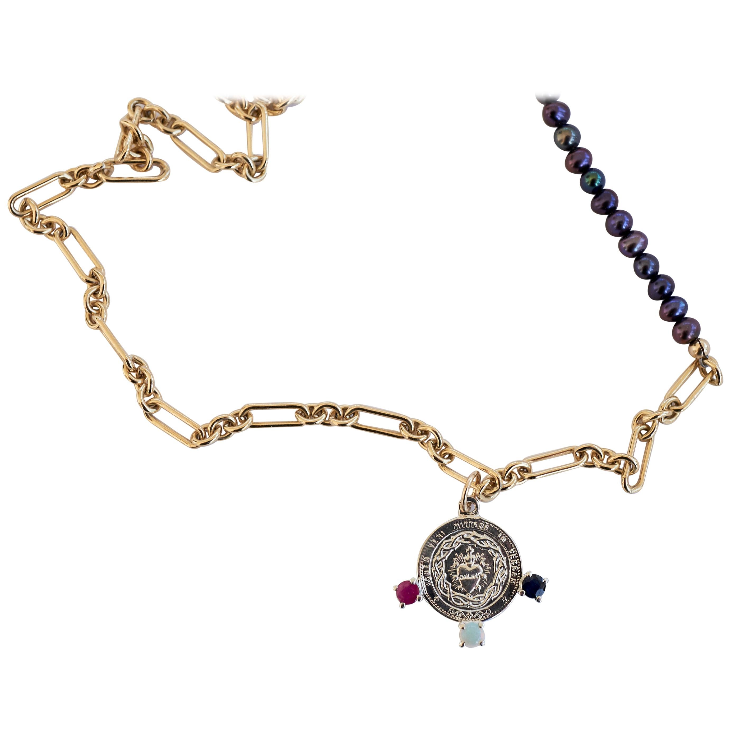Perle noire Médaille du Sacré-Cœur Collier de pièces Opale Tourmaline rose J Dauphin
