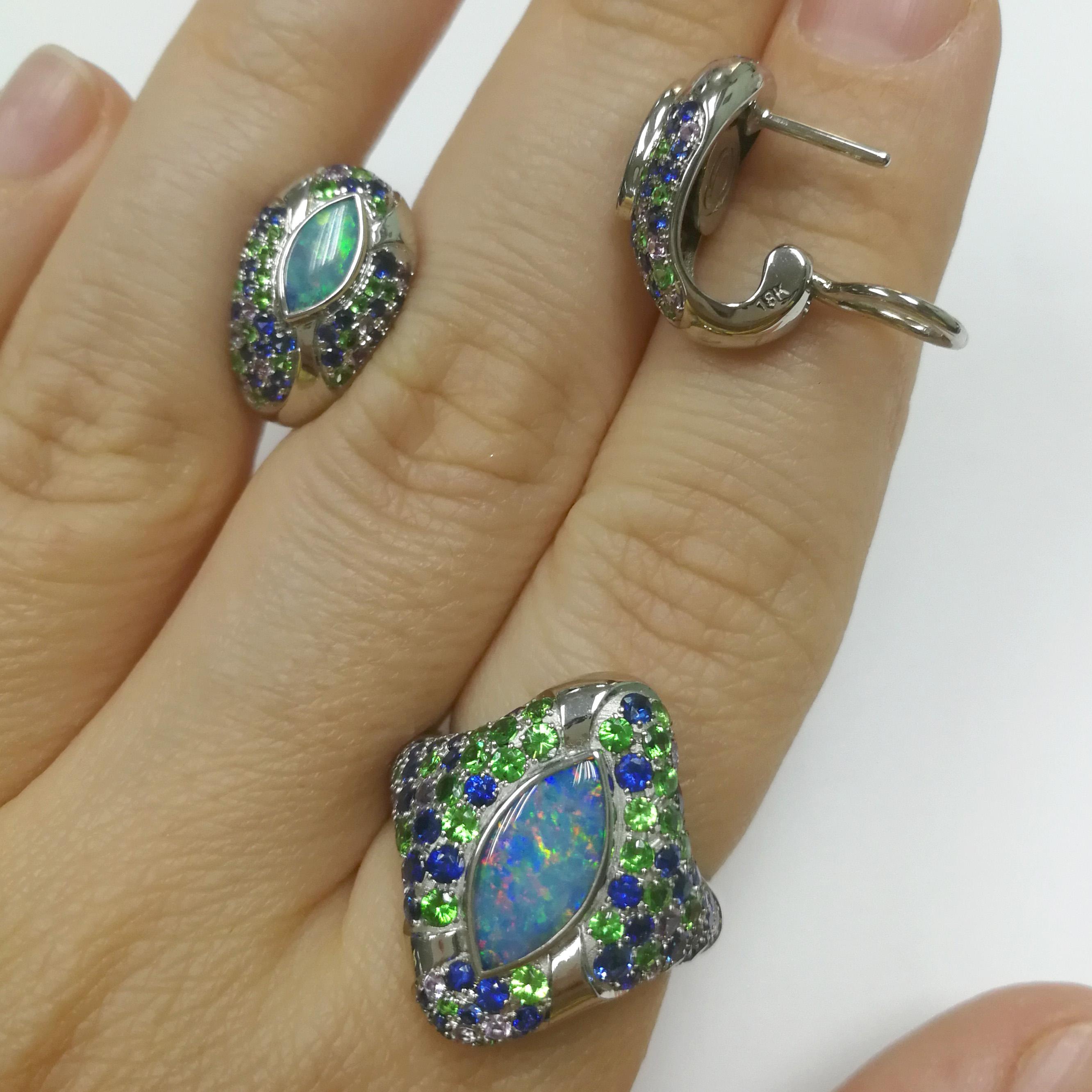Women's Opal Blue Purple Sapphires Tsavorites White 18 Karat Gold Riviera Suite For Sale
