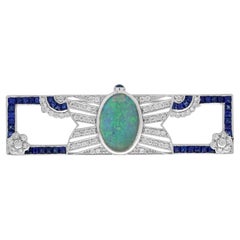 Opal Blue Sapphire and Diamond Art Deco Style Openwork Brooch in 18K White Gold