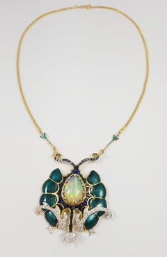 Opal, Blue Sapphire and Diamond Necklace Set in 18 Karat Gold Settings