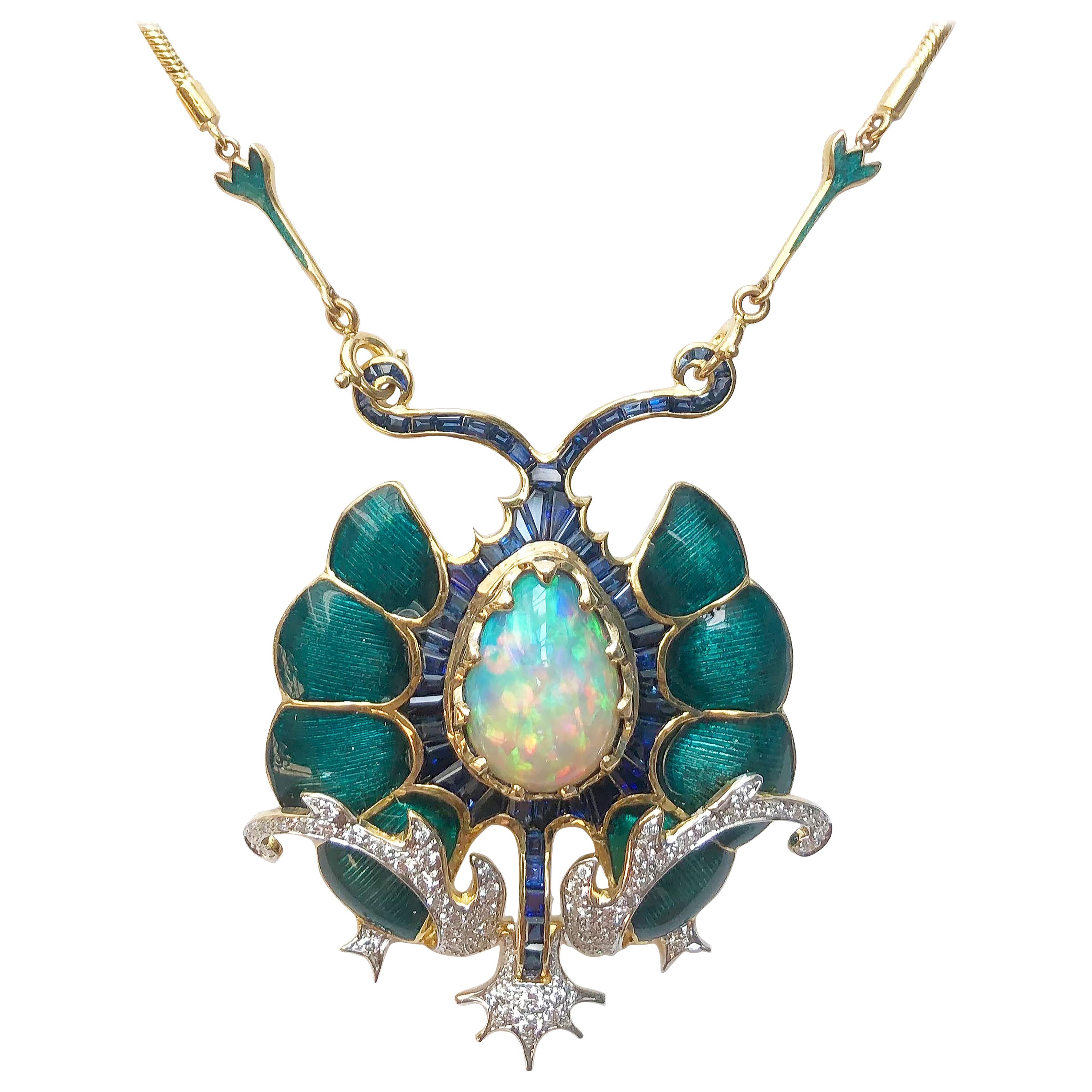 Opal, Blue Sapphire and Diamond Necklace Set in 18 Karat Gold Settings For Sale
