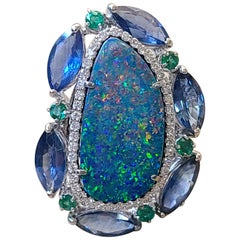 Opal, Blue Sapphire and Emerald Ring Set in 18 Karat Gold with Diamonds