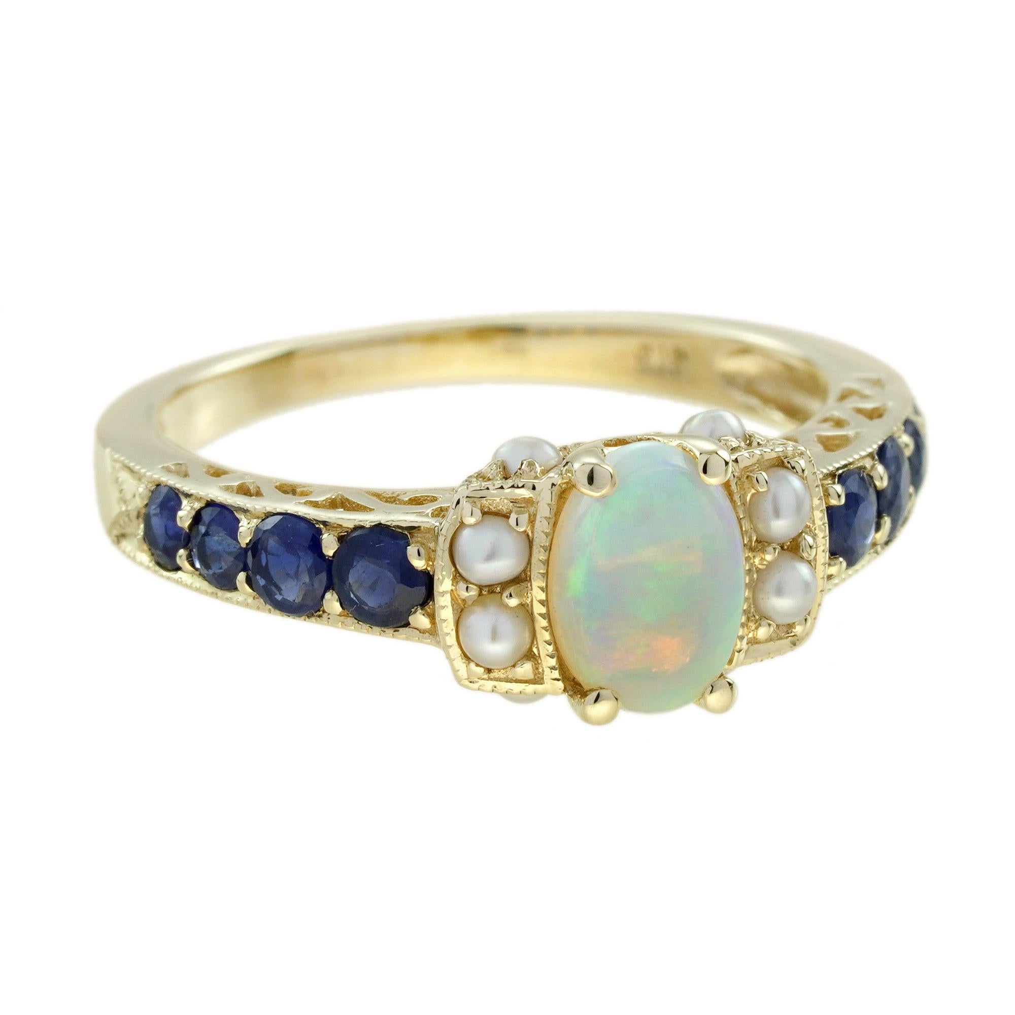 Au cœur de cette bague enchanteresse se trouve une opale ovale lumineuse, qui brille doucement comme une marée au clair de lune. De chaque côté, des perles délicates entourent l'opale avec grâce, symbolisant la pureté et l'amour intemporel. Les