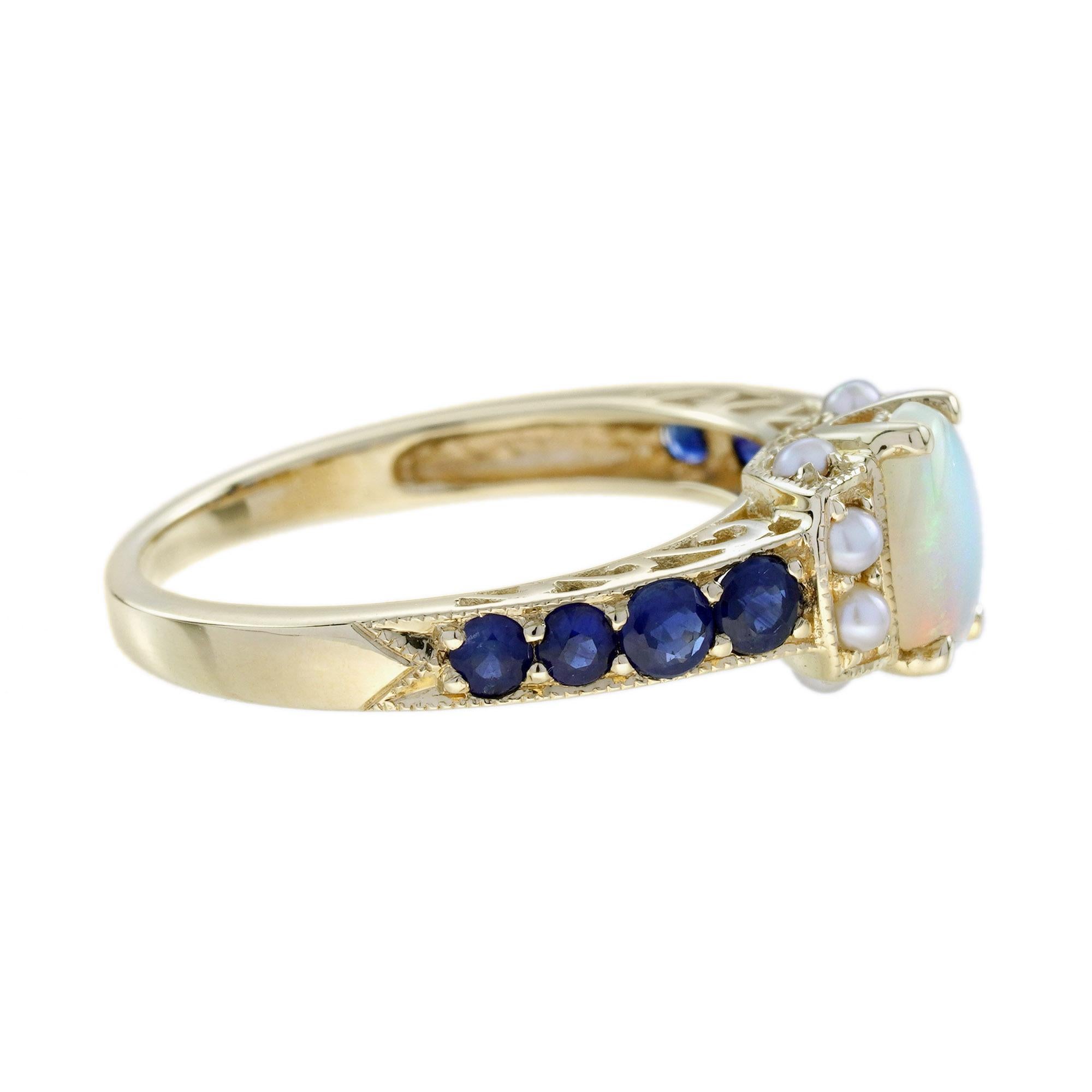 Art déco Bague de fiançailles en or jaune 9K, opale, saphir bleu et perle, style vintage en vente