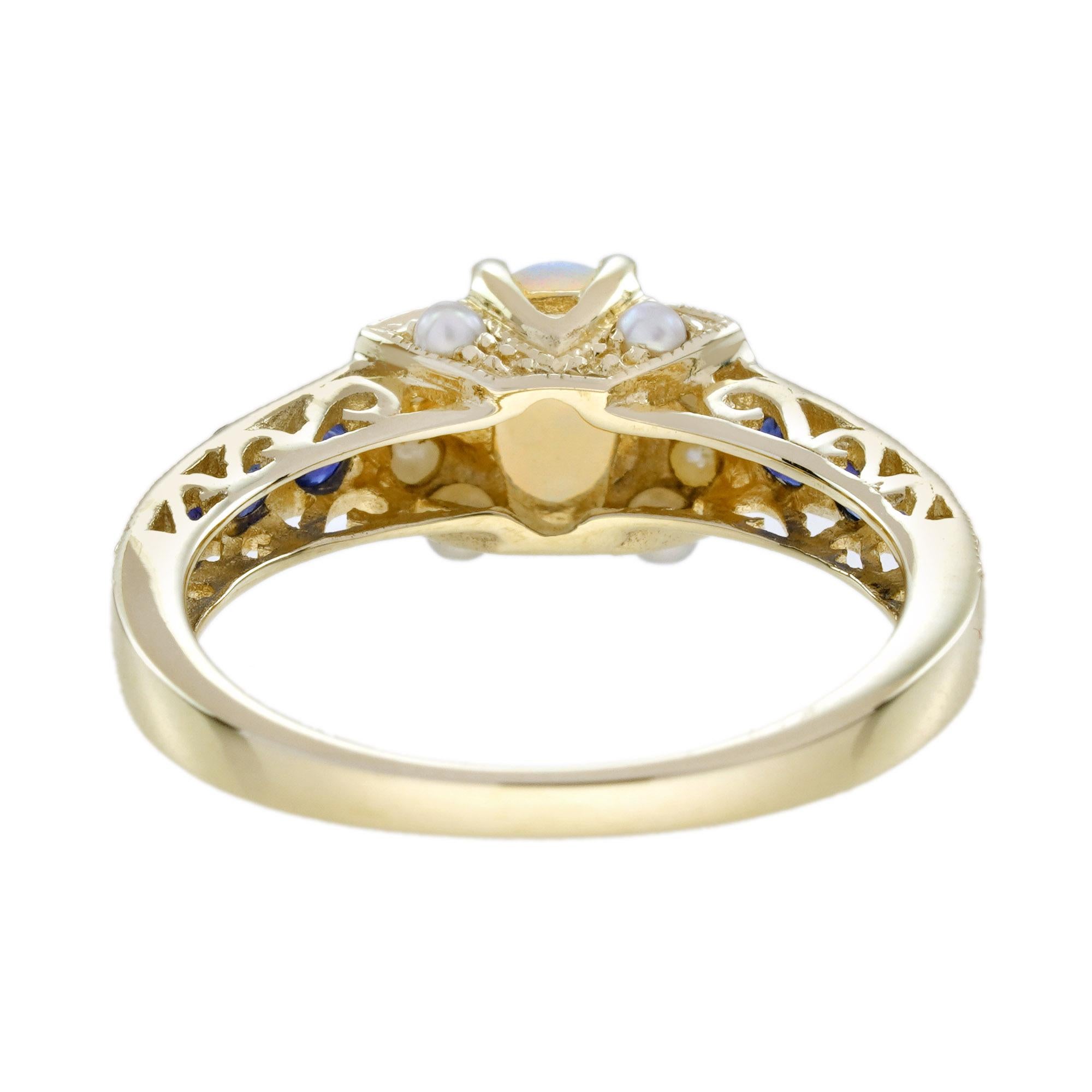 Taille ovale Bague de fiançailles en or jaune 9K, opale, saphir bleu et perle, style vintage en vente