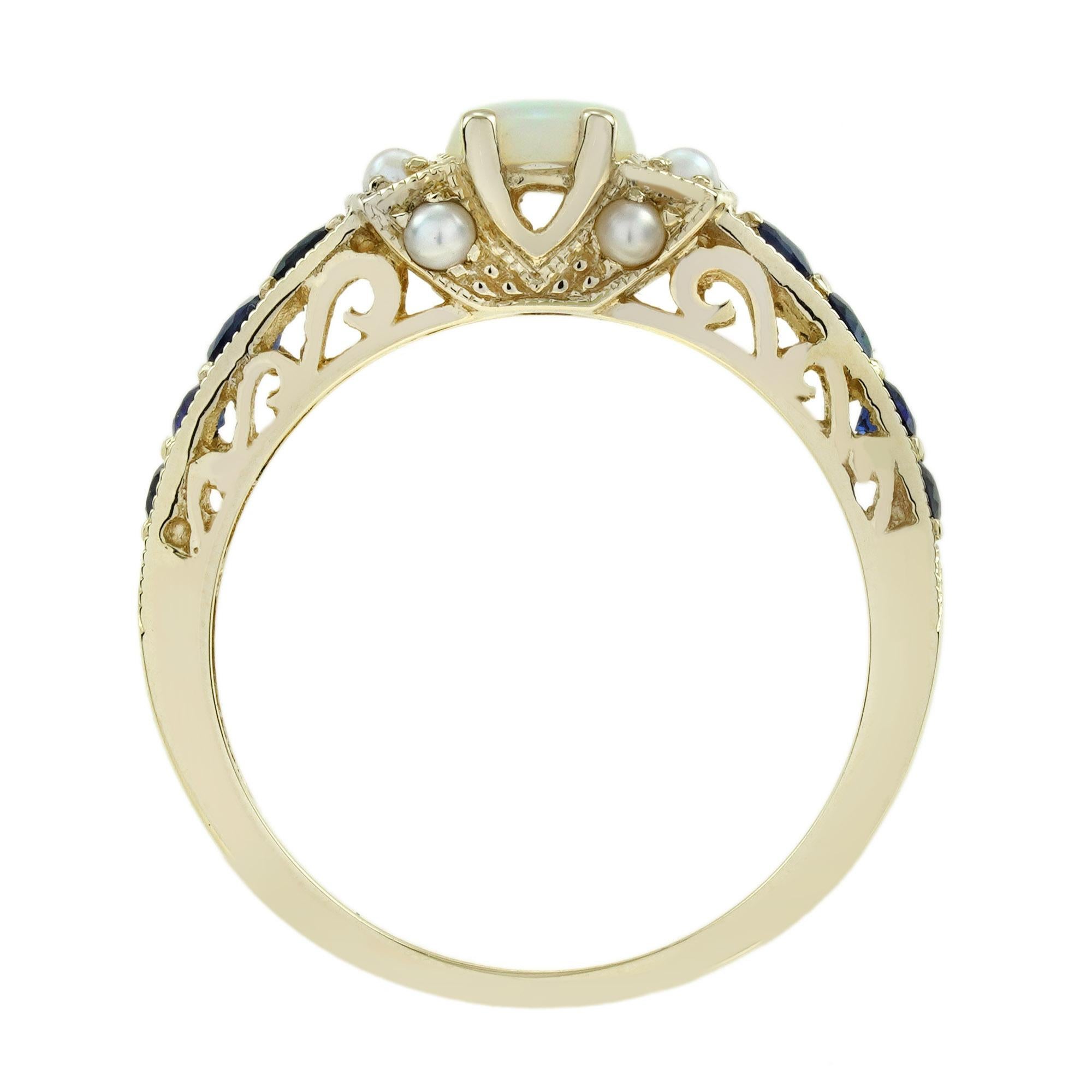 Bague de fiançailles en or jaune 9K, opale, saphir bleu et perle, style vintage Neuf - En vente à Bangkok, TH