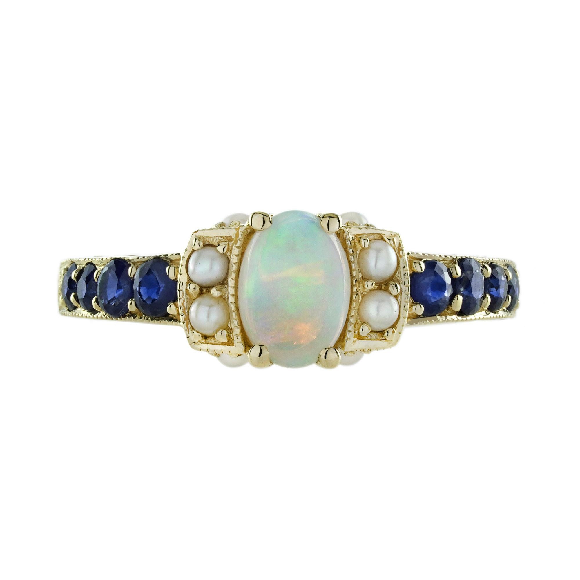 Verlobungsring aus 9 Karat Gelbgold mit Opal, blauem Saphir und Perle im Vintage-Stil