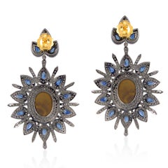 Opal & Blue Sapphire Dangle Earrings With Diamonds In 18k White Gold & Silver