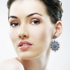 Opal & Blue Sapphire Dangle Earrings With Diamonds In 18k White Gold & Silver