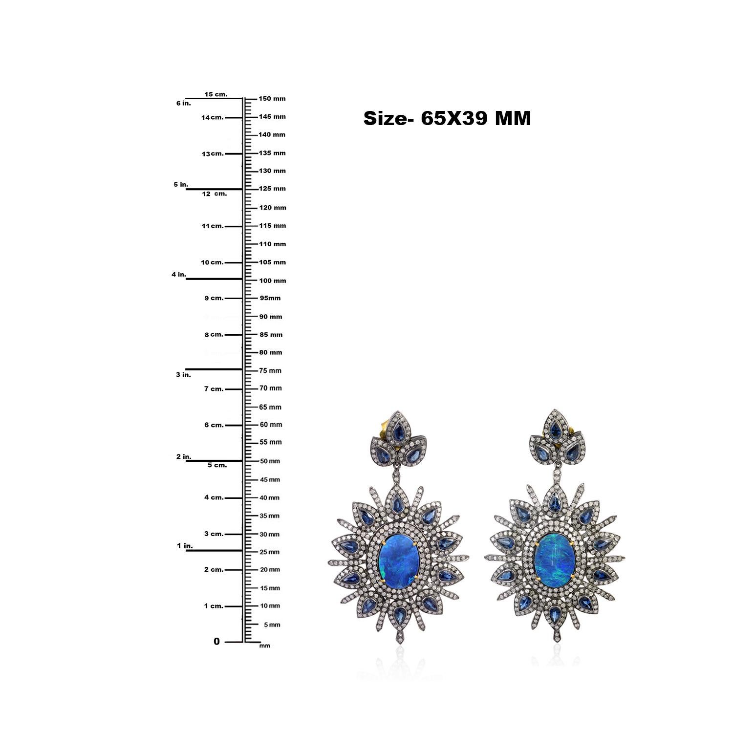 Mixed Cut Opal & Blue Sapphire Dangle Earrings With Diamonds In 18k White Gold & Silver For Sale