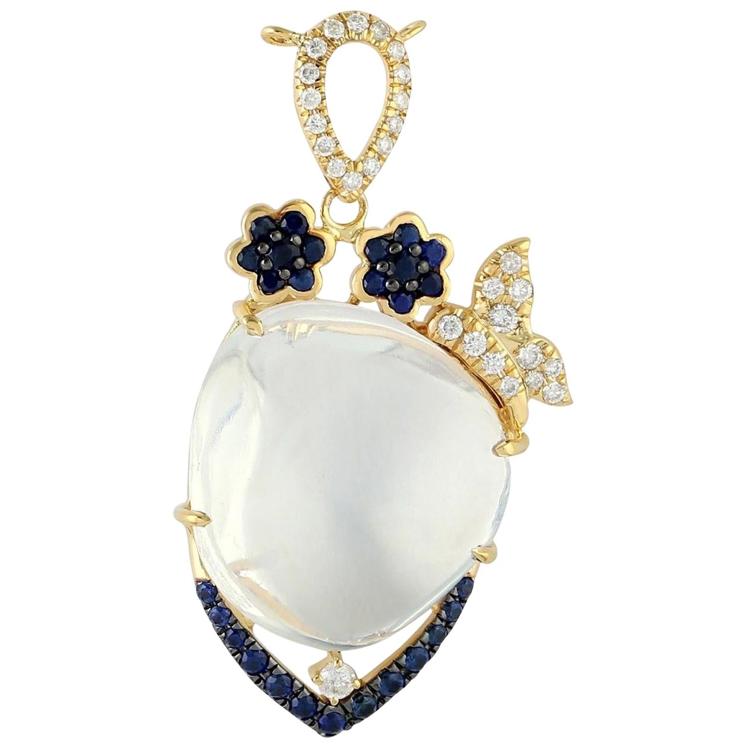 Collier pendentif en or 18 carats avec opale, saphir bleu et diamants