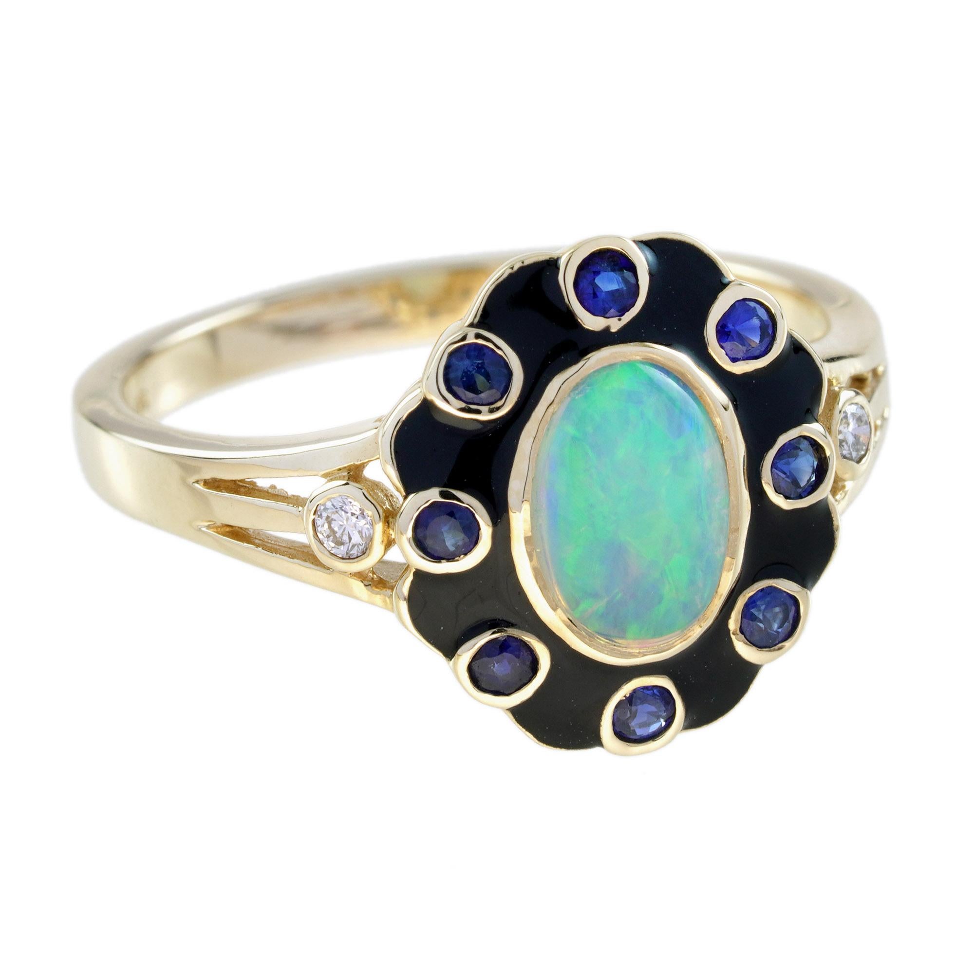 Oval Cut Opal Blue Sapphire Diamond Art Deco Style Floral Ring in 9K Yellow Gold