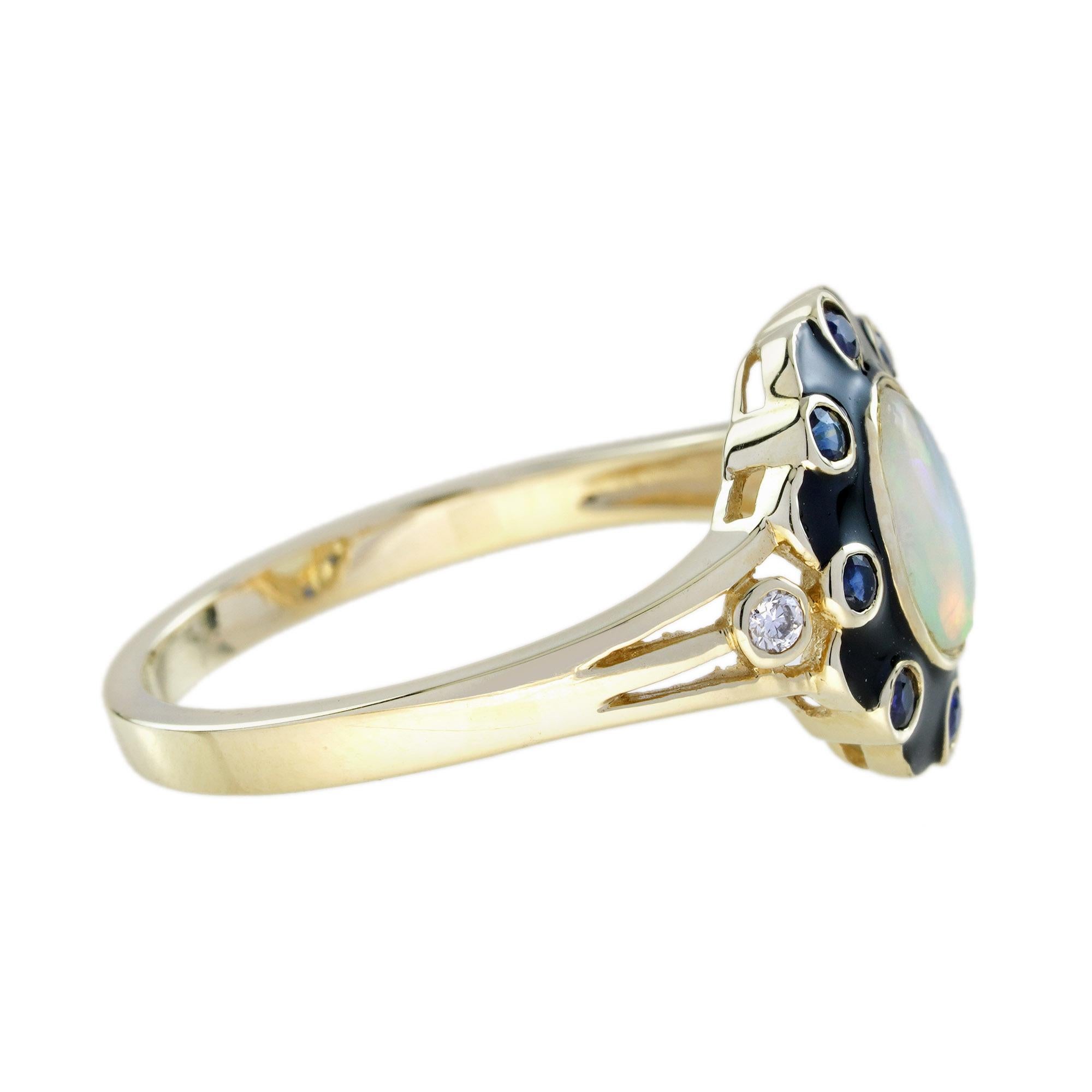 Opal Blue Sapphire Diamond Art Deco Style Floral Ring in 9K Yellow Gold In New Condition In Bangkok, TH