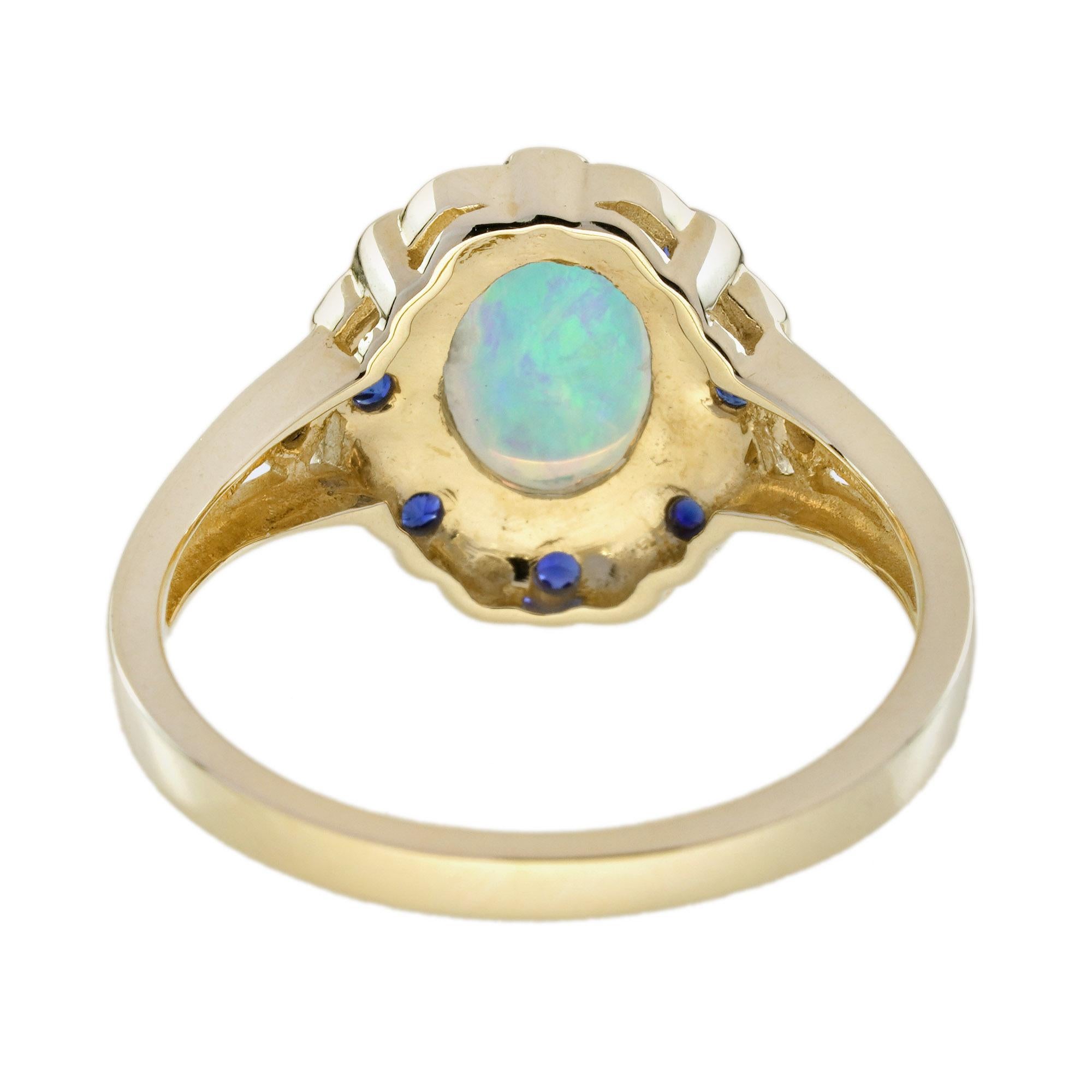 Women's Opal Blue Sapphire Diamond Art Deco Style Floral Ring in 9K Yellow Gold