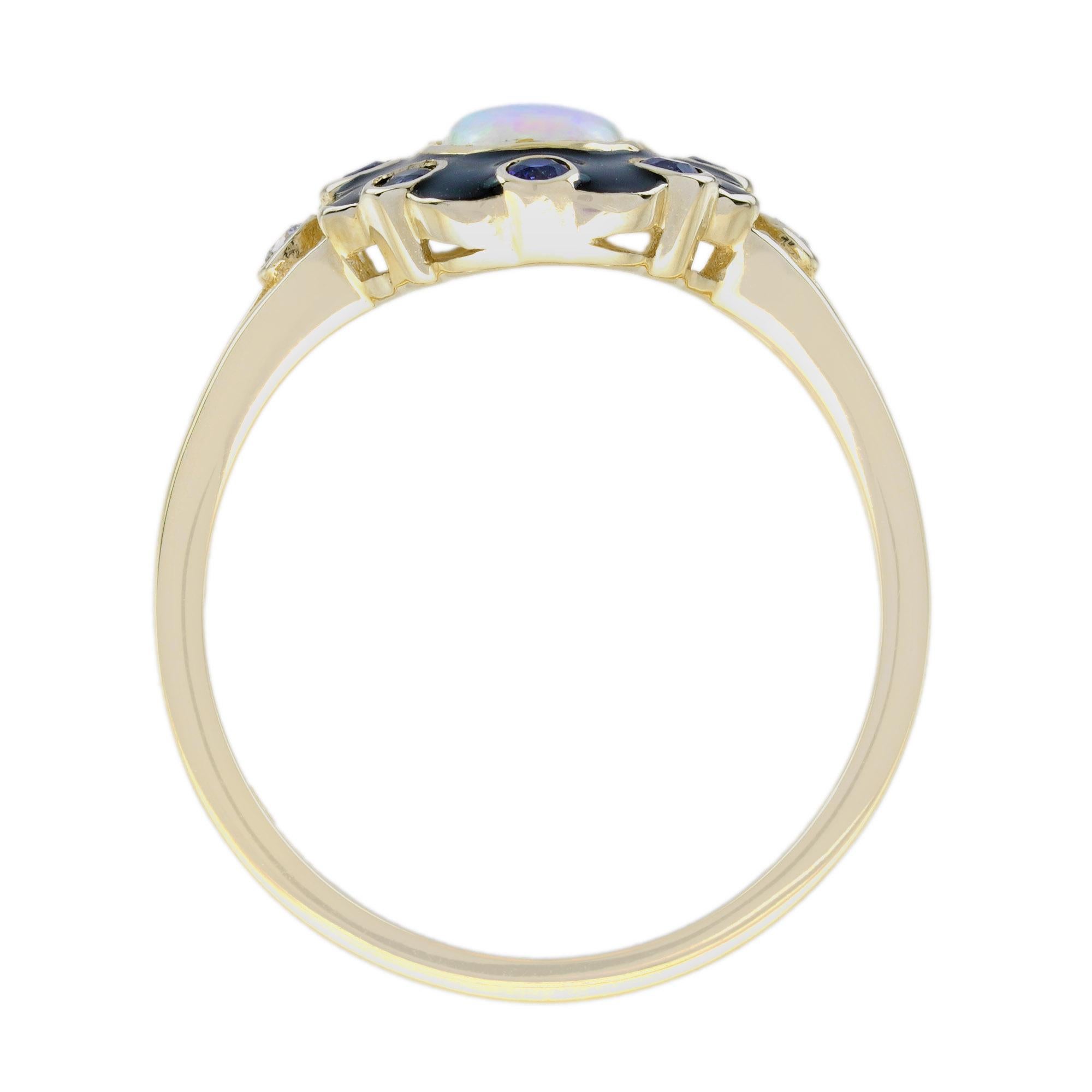Opal Blue Sapphire Diamond Art Deco Style Floral Ring in 9K Yellow Gold 1