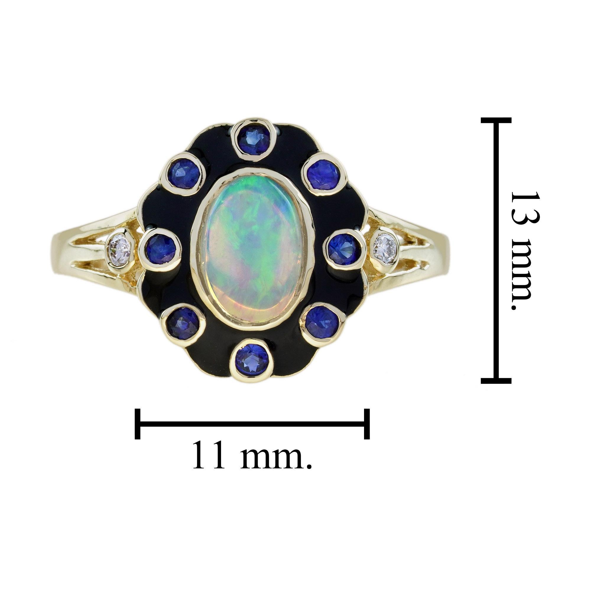 Opal Blue Sapphire Diamond Art Deco Style Floral Ring in 9K Yellow Gold 2