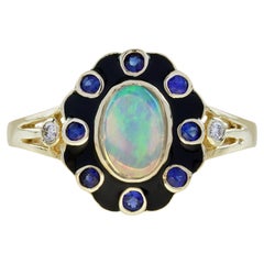 Opal Blue Sapphire Diamond Art Deco Style Floral Ring in 9K Yellow Gold