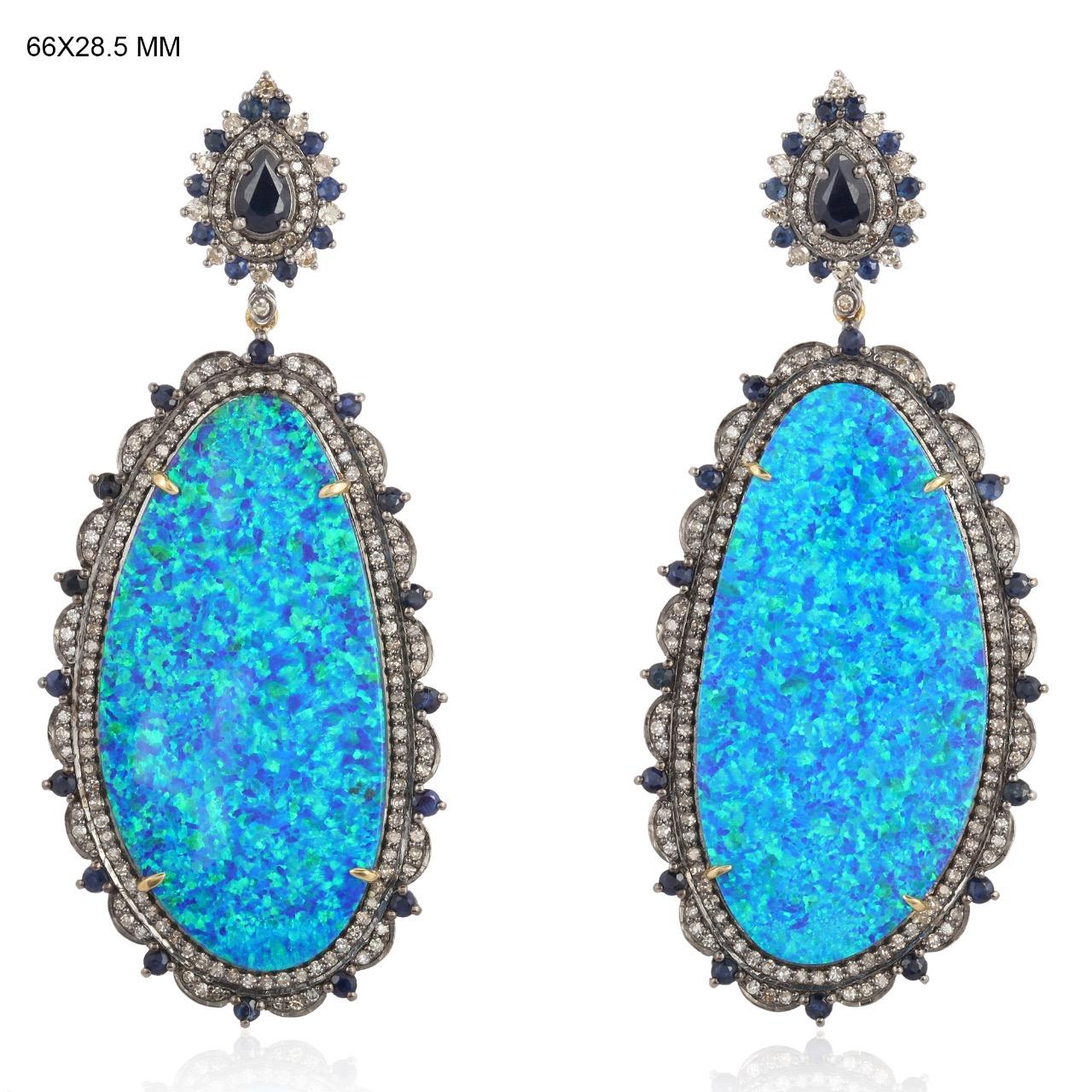 Artisan Opal Blue Sapphire Diamond Earrings For Sale