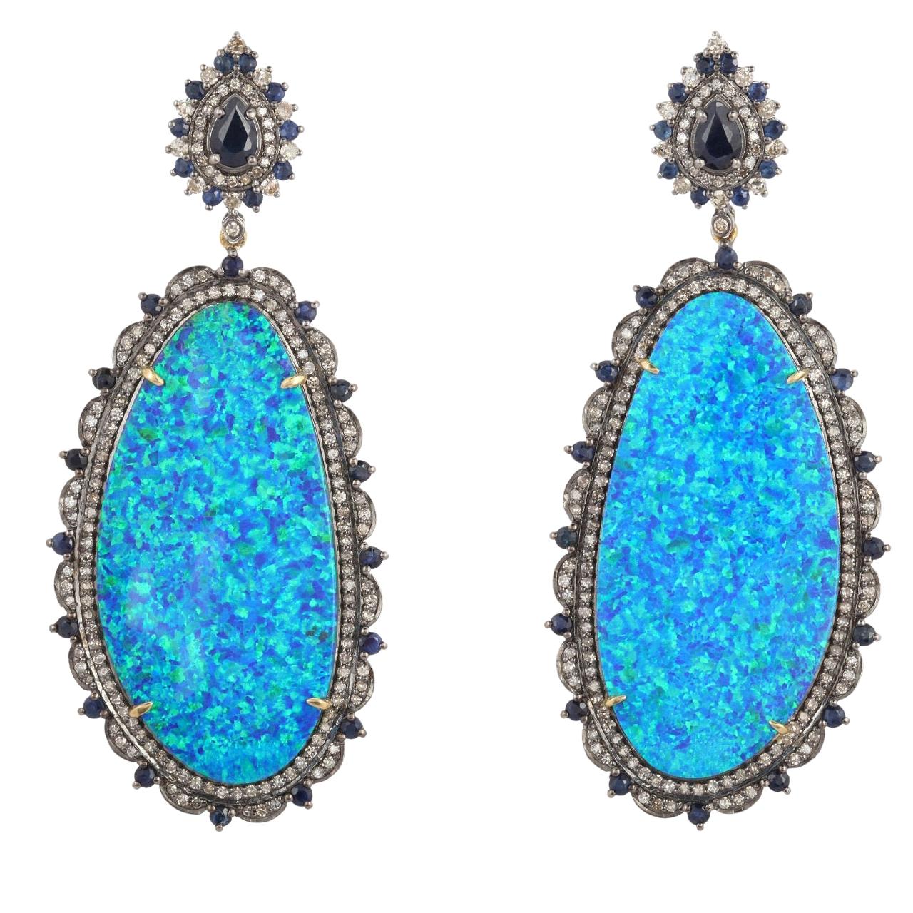 Opal Blue Sapphire Diamond Earrings