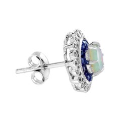 Opal & Blue Sapphire Diamond Halo Set Vintage Style Stud White Gold Earrings