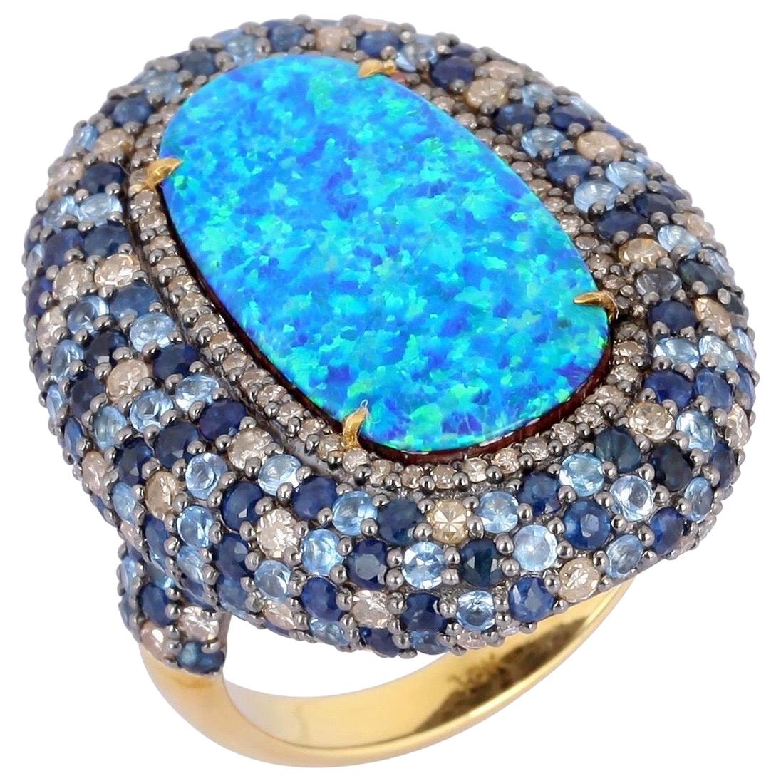Bague en opale, saphir bleu et diamant
