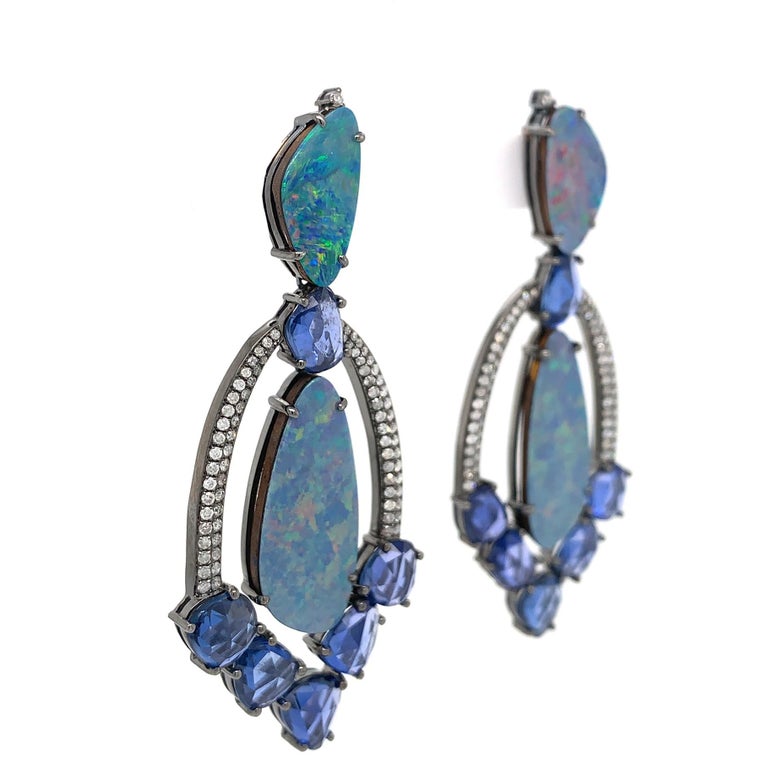 Opal and Blue Sapphire Slice Chandelier Earrings at 1stDibs