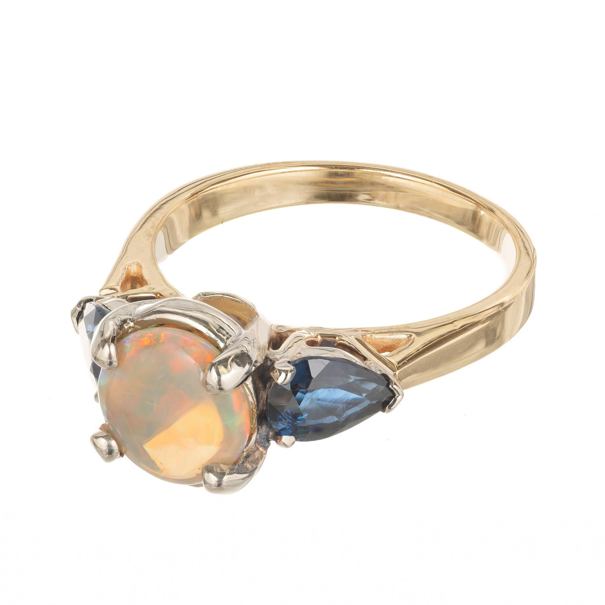 Opal Blue Sapphire Two-Tone Gold Three-Stone Engagement Ring In Excellent Condition In Stamford, CT