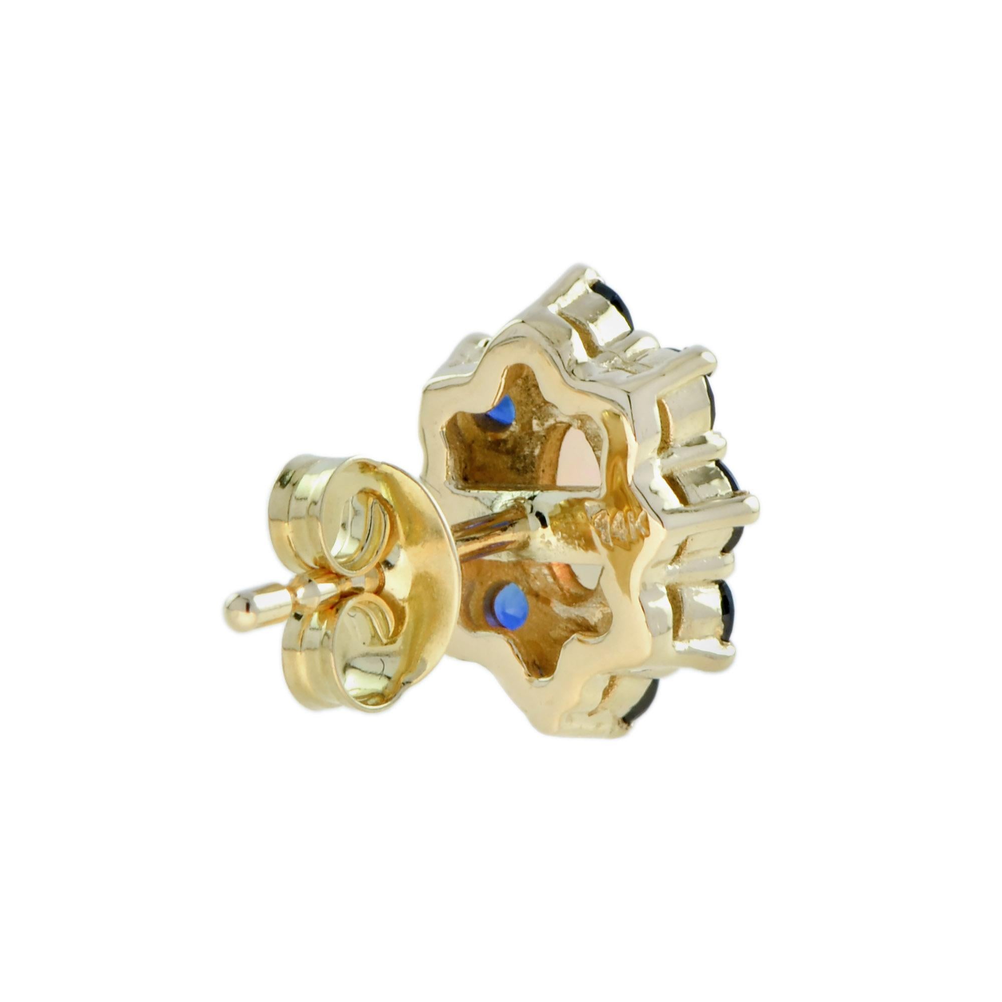 Oval Cut Opal Blue Sapphire Vintage Style Floral Stud Earrings in 14K Yellow Gold For Sale