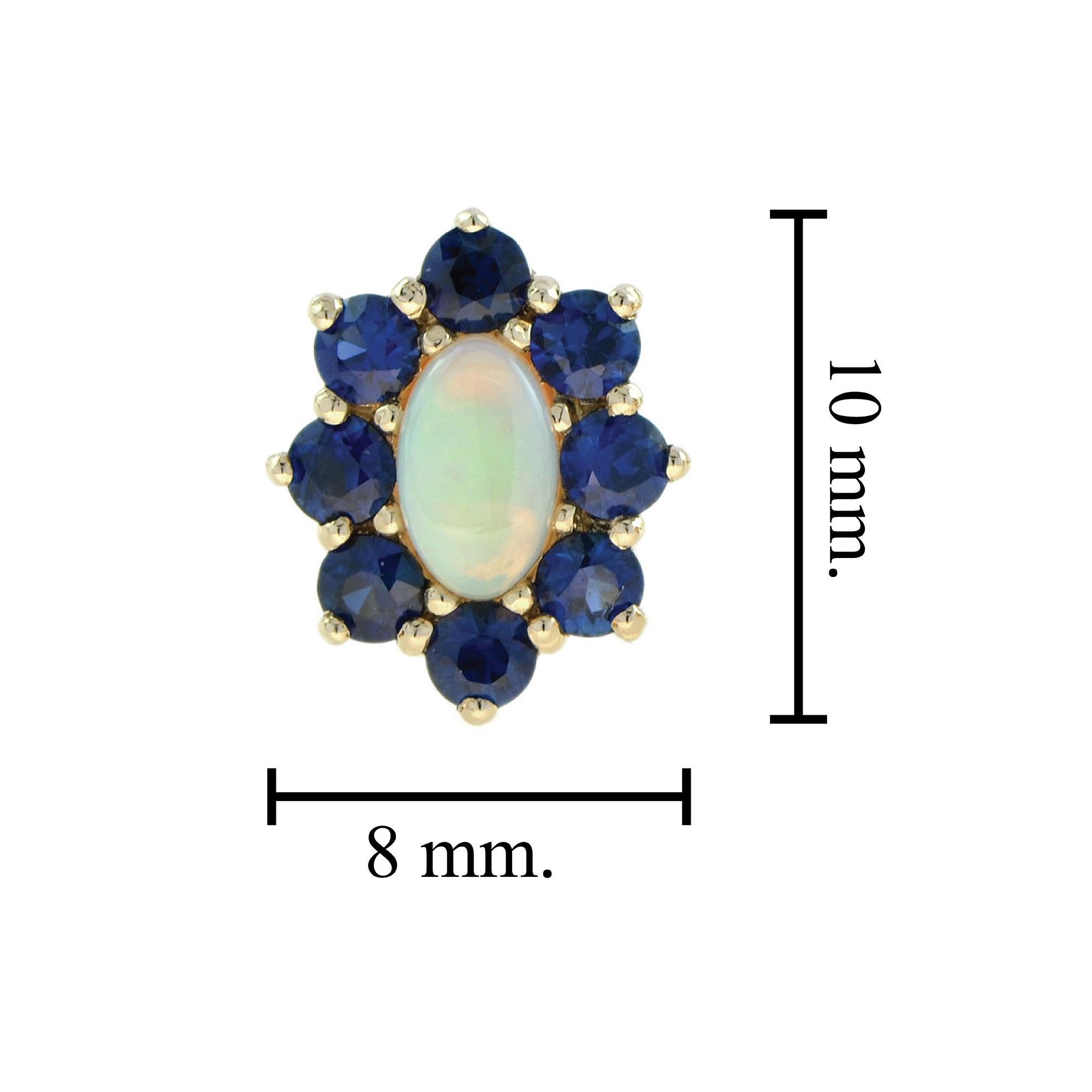 Opal Blue Sapphire Vintage Style Floral Stud Earrings in 14K Yellow Gold In New Condition For Sale In Bangkok, TH