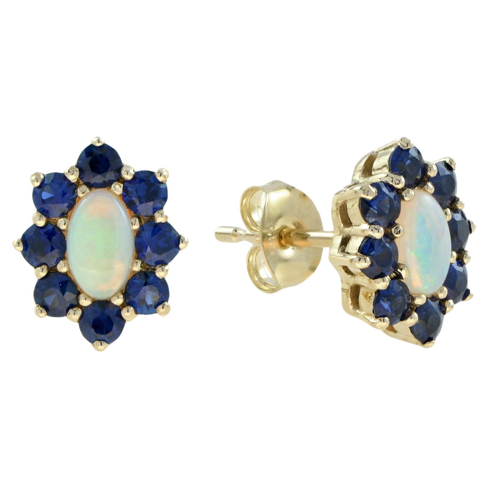 Opal Blue Sapphire Vintage Style Floral Stud Earrings in 14K Yellow Gold