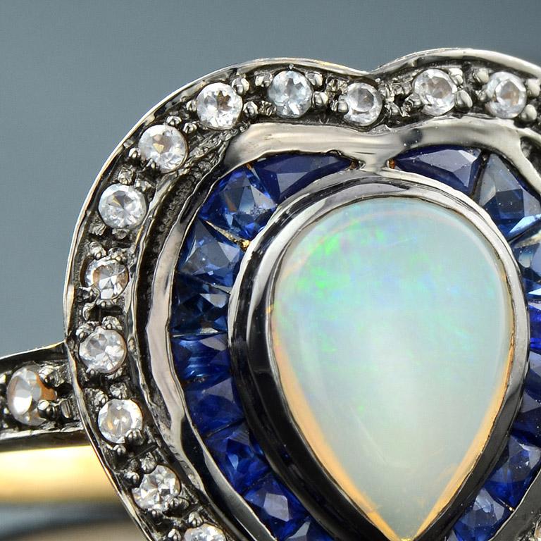 Victorian Opal Blue Sapphire White Topaz Cocktail Ring