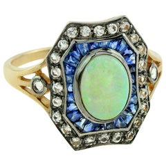 Vintage Opal Blue Sapphire White Topaz Cocktail Ring