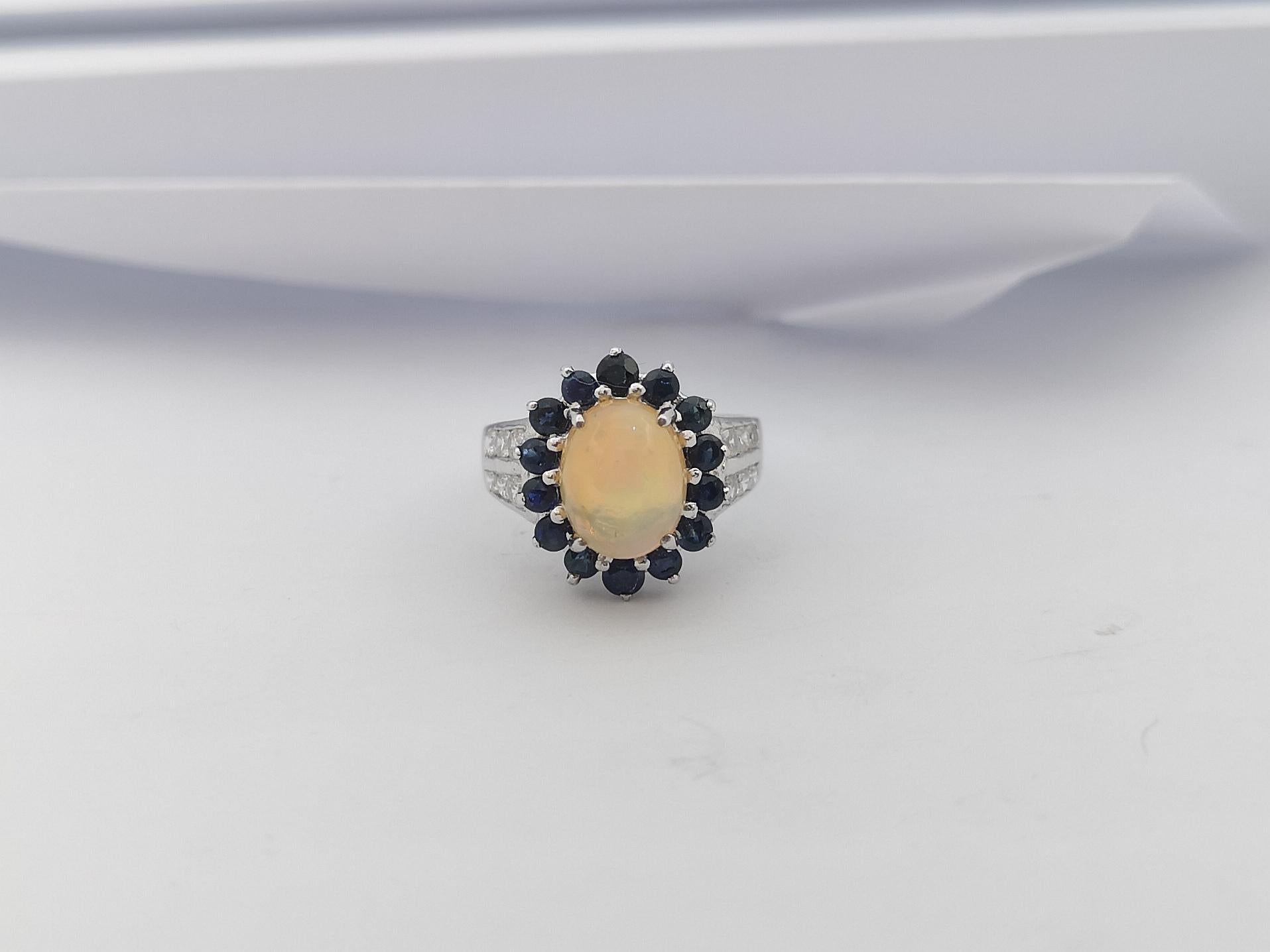 Opal, Blue Sapphire with Cubic Zirconia Ring set in Silver Settings For Sale 2