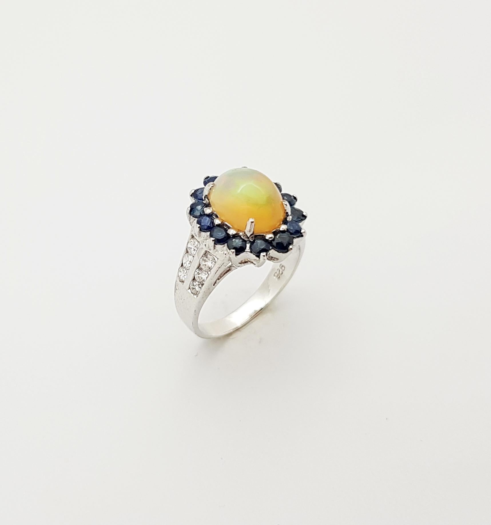 Opal, blauer Saphir mit kubischem Zirkon in Silberfassung, Ring im Angebot 6