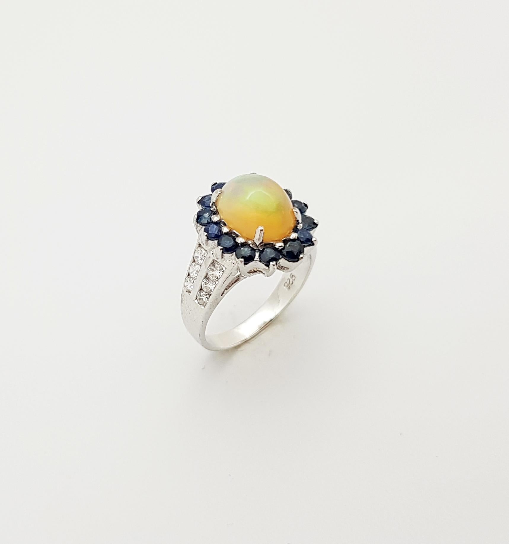 Opal, Blue Sapphire with Cubic Zirconia Ring set in Silver Settings For Sale 4