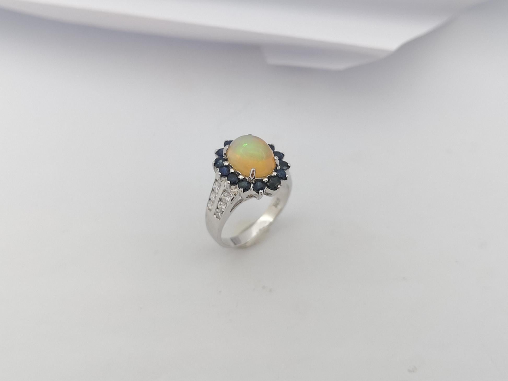 Opal, Blue Sapphire with Cubic Zirconia Ring set in Silver Settings For Sale 7