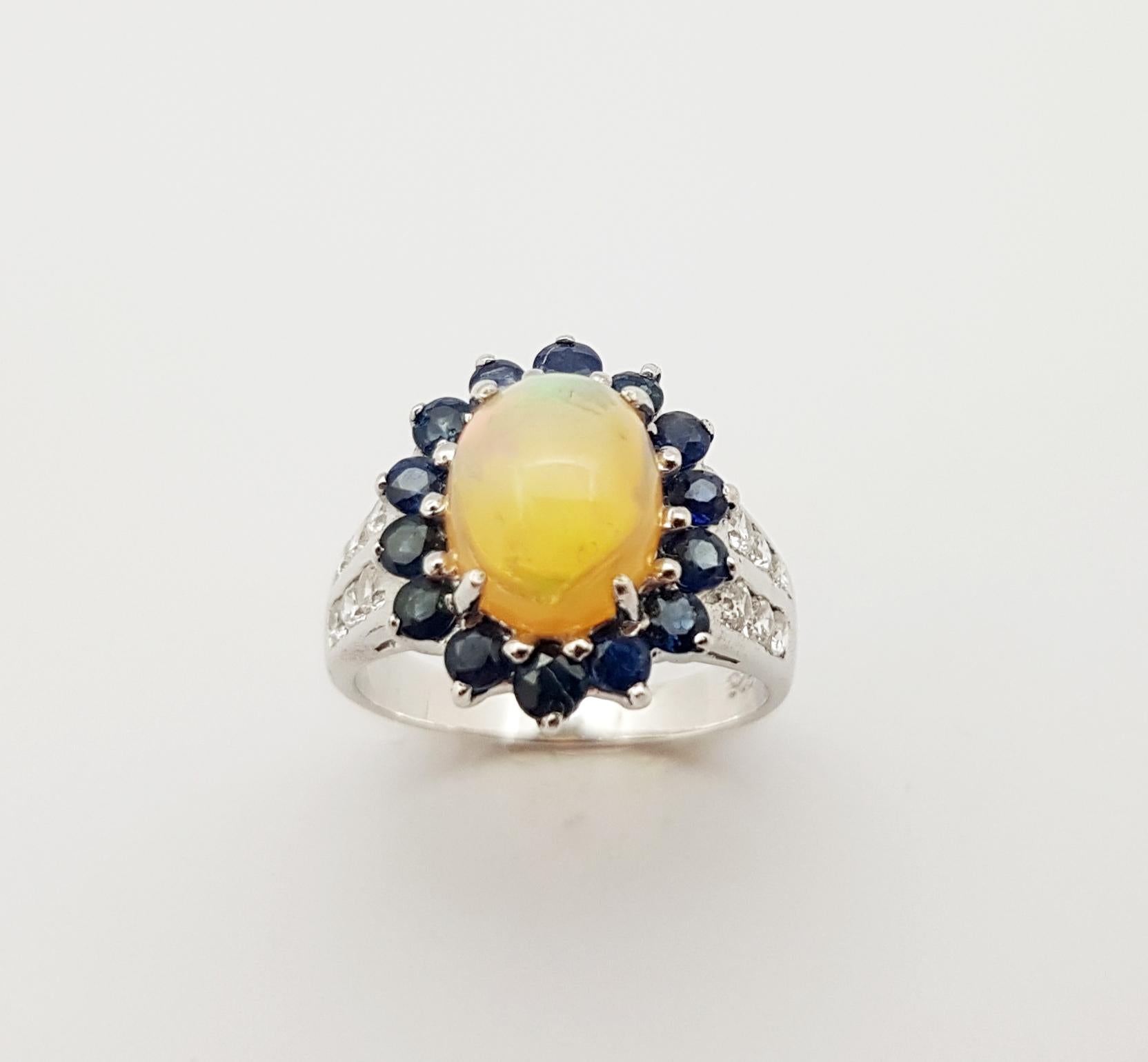 Opal, Blue Sapphire with Cubic Zirconia Ring set in Silver Settings For Sale 8