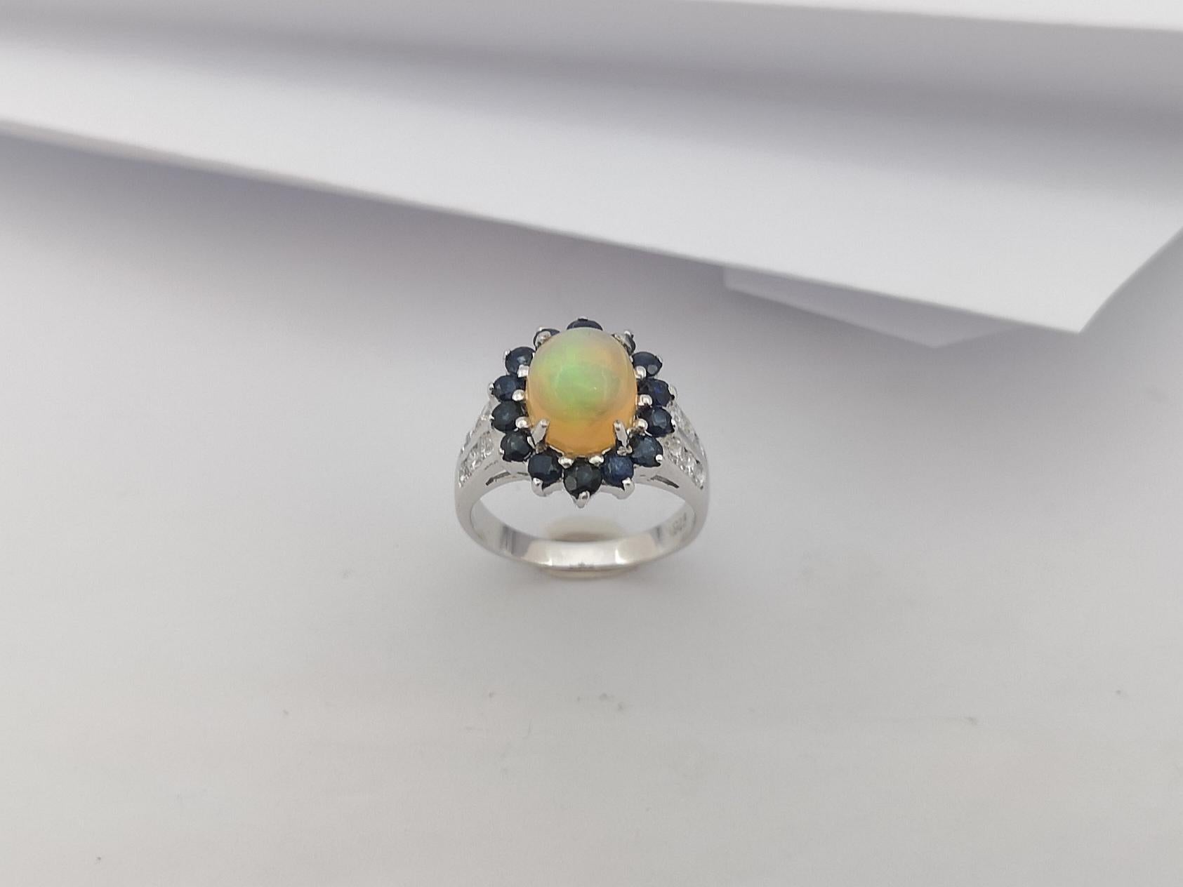 Opal, Blue Sapphire with Cubic Zirconia Ring set in Silver Settings For Sale 9